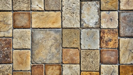 Poster - Weathered stone pavement tiles form a rustic, textured background with varying shades of gray, brown, and beige, evoking a sense of aged, outdoor elegance.