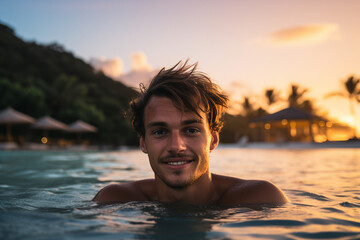 Wall Mural - Generated with AI portrait of young attractive man enjoying summer weekend outdoors sea coast