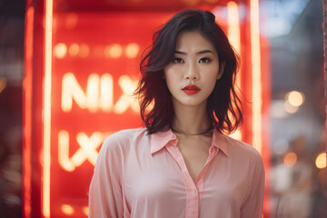 Wall Mural - A woman in a pink shirt stands in front of a neon sign