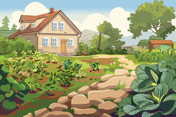 Wall Mural - Summer Countryside Rural Farm Landscape with Cute Little House, Rock Walkway. Cartoon Vector