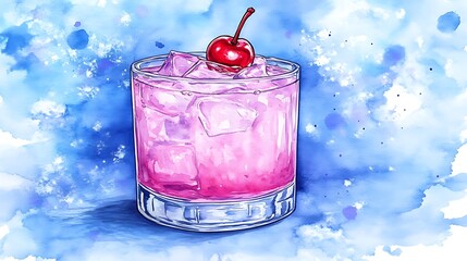 Wall Mural - Watercolor Illustration of a Pink Cocktail with a Cherry