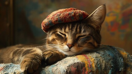 Wall Mural - A cat wearing a hat is sleeping on a pillow