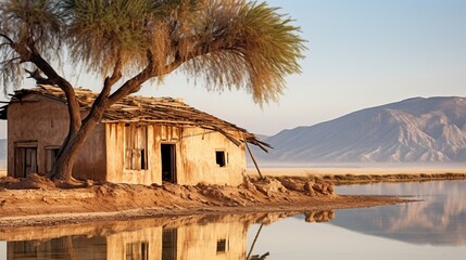 Sticker - Tranquil lake setting with a rustic adobe home