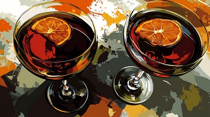 Canvas Print - Abstract Art Wine Glasses with Orange Slices.