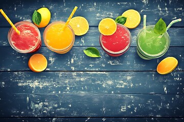 Sticker - Four Colorful Smoothies on Rustic Blue Wooden Background.