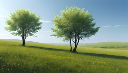 On the grassland in spring, two trees stand tall, and the surrounding environment is peaceful and fresh.