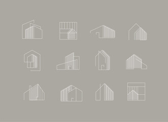 Wall Mural - Building and house icons drawing in modern linear style on beige grey background