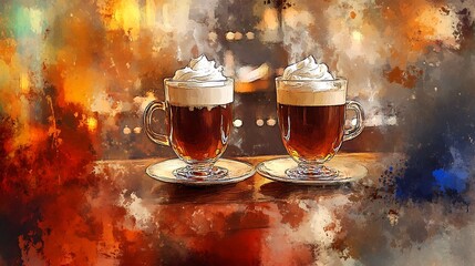 Two Cups of Coffee with Whipped Cream on a Wooden Table with a Painted Background.