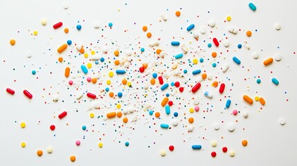 A colorful assortment of pills and candy is scattered across a white background