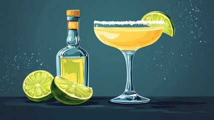 Poster - Classic Margarita Cocktail with Salt Rim, Lime and Tequila Bottle.