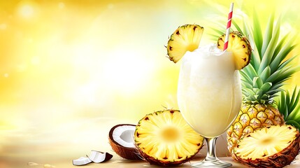 Poster - Refreshing Pineapple Smoothie with Coconut and Summery Background.