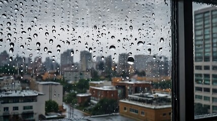 Wall Mural - Rainy day raindrops on a windowpane and a blurred