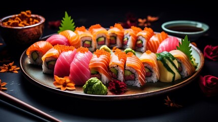 Plate of sushi with diverse pieces image