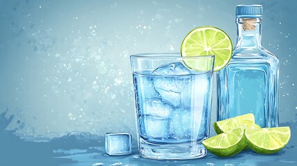 Poster - Refreshing Gin and Tonic with Lime Slices and Ice Cubes.