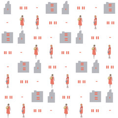 Wall Mural - Pattern with people. A girl is walking down the street. Vector flat city infographics. 2D image to use as entourage.