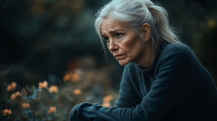 Wall Mural - 60-Year-Old Woman Sitting Outside Crying in Dark Setting