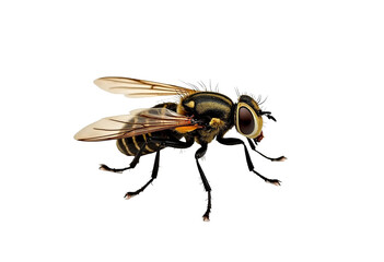 High-quality image of a black soldier fly (Hermetia illucens) isolated on a white background, perfect for scientific research, entomology studies, and educational purposes.