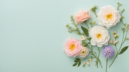 Wall Mural - A green background with a bunch of flowers in the foreground