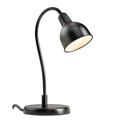 Sleek black desk lamp with a flexible neck and glowing bulb on a transparent background