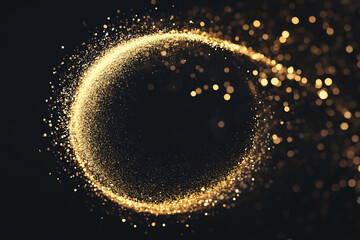 Wall Mural - Gold glitter circle of light shine sparkles and golden spark particles in circle frame on black background. Christmas magic stars glow, firework confetti of glittery ring shimmer