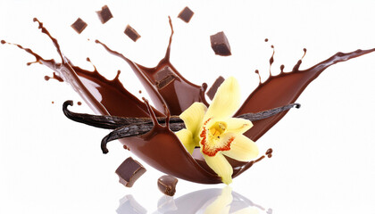 Wall Mural - vanilla flowers and sticks, chocolate slices and crumbs in a chocolate vanilla splash. ai generated