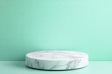 white round marble podium on mint color background, ai