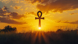 Fototapeta  - The Ankh silhouetted against a rising sun, symbolizing rebirth, new beginnings, and the eternal cycle of life, upper third copy space. Love and Harmony, Creation, Immortality