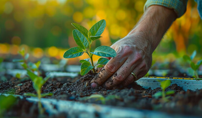 Wall Mural - A person is planting a small green plant in the dirt