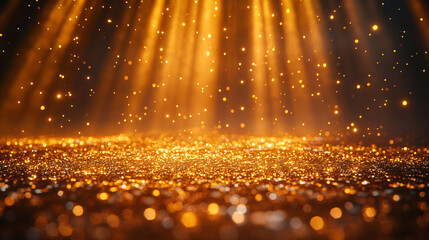 Wall Mural - Gold glitter circle of light shine sparkles and golden spark particles in circle frame on black background. Christmas magic stars glow, firework confetti of glittery ring shimmer