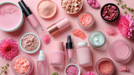 Different makeup products with flowers on color background