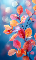 Wall Mural - A close up of a leafy branch with a blue background. The leaves are orange and the branch is thin