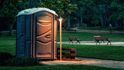 Poster - A portable toilet in a park with benches and trees, AI