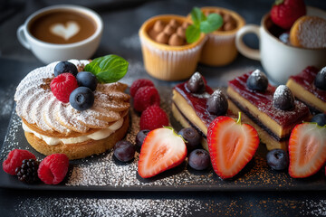 Canvas Print - Café Gourmand or assorted desserts with coffee - popular french cousin dish, hi end kitchen