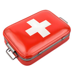 Red medical kit with a bold white cross symbol, set against a clear background