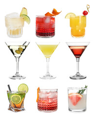 Poster - Many different cocktails in glasses isolated on white, collection