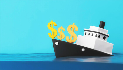 A colorful boat floats on water, with dollar signs symbolizing wealth and commerce. Ideal for financial and business themes.