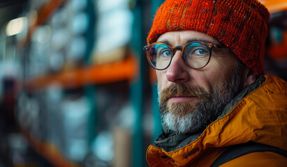 A man wearing glasses and a red hat stands in front of a warehouse. He looks tired and is wearing a yellow jacket