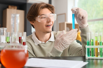 Wall Mural - Male student with test tube studying Chemistry at home