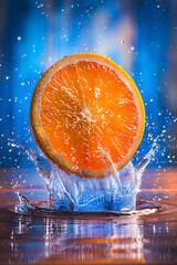 Wall Mural - Freshly cut orange slice splashing into water. 