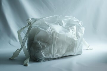 Single new empty white plastic bag on white background