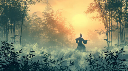 Wall Mural - A man is practicing martial arts in a forest