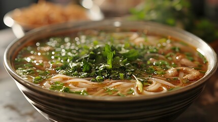 A bowl of soup with noodles and green herbs