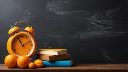 Wall Mural - Retro orange alarm clock with books and oranges against blackboard, educational background.  Back to school concept with alarm clock and school equipment.  Generative AI