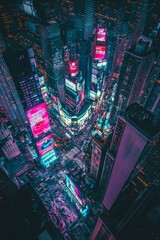 Wall Mural - Artistic aerial view of a city skyline at dusk, with neon lights and billboards in an array of colors illuminating the streets and buildings.