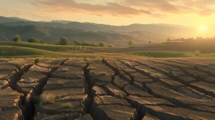 Wall Mural - A detailed view of agricultural land marked by extensive cracks, portraying the consequences of soil erosion and emphasizing the importance of responsible farming practices, in realistic