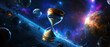 © RRIKATO - A surreal hourglass floats in a vibrant cosmic scene, representing the passage of time amidst distant galaxies and stars.