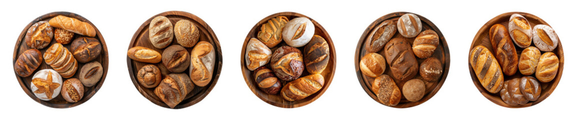 Wall Mural - Collection of an assortment of freshly baked bread on a round wooden plate isolated on a transparent background, top view, cut out, PNG