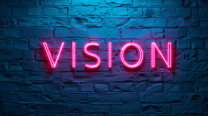 Pink neon sign displaying the word vision on a brick wall