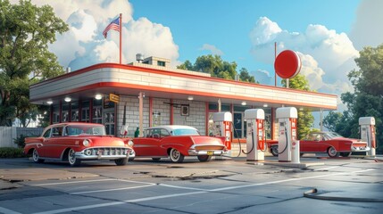 Vintage Gas Station with Classic Cars.