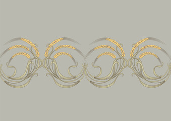 Wall Mural - Ears of cereal, wheat or rye Seamless border pattern, linear ornament, ribbon Vector illustration. Outline hand drawing. In art nouveau style, vintage, old, retro style.